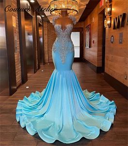 Небо синий Veet Sier Crystal Beading Платье выпускное выпускное выпускное выпускное выпускное платье черные девушки Русалка, дамы, платья для специальных сексуальных платьев для вечеринок OCNS