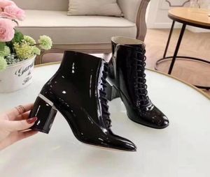 Fashionville 2019090401 3440 Black Burgundy Genuine 가죽 특허 가죽 레이스 업 chunky Heel Short Boots8863220