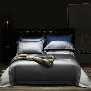 Sängkläder sätter lyxig leopard broderad uppsättning 100 -tals högklassig egyptisk bomull mörkgrå sängkläder man vuxna ark kung