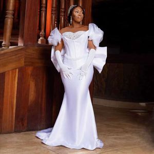 플러스 사이즈 아프리카 흰색 특수 회의 드레스 큰 활 헤비 진주 아소비 신부 드레스 맞춤형 흑인 여자 댄스 파티 가운