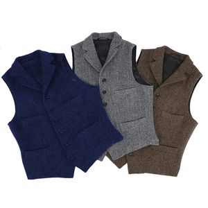 Mens Vest Classic Brown Suit Wool Tweed Notch Lapel Waistcoat Herringbone Groomsmen Winter Coat för bröllop 240228wj