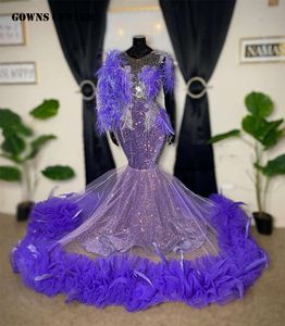 Purple Feathers Long Sleeve Sequin Evening Dresses For Black Girls 2024 Sliver Tassels Mermaid formal ocn dresses