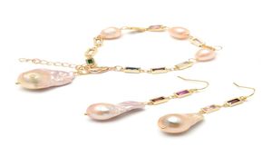 Guaiguai smycken naturlig odlad rosa keshi pärla blandad färg cz pave kedja dingle hook örhängen armband set klassiska för kvinnor8571662