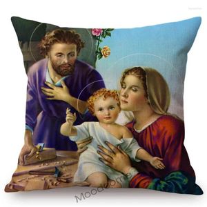 枕クリスチャンの家の装飾ケース聖なる家族メアリーイエス油絵聖書物語コットンリネンチェアカバー
