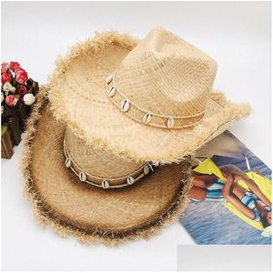 Wide Brim Hats Bucket Natural St Western Cowboy Hat For Men Women Summer Cowgirl Sun Cap Curling Panama Beach Sombreros De Vaquero Dhgft