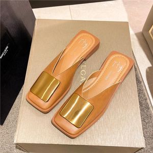 Slippers 2024 Summer Women Fashion Metal Buckle Mules Flat Heels Square Toe Shallow Shoes Outdoor Slide Female Casual Sandal