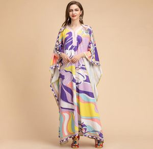 패션 활주로 느슨한 최대 드레스 플러스 사이즈 크기 여성 배트 윙 슬리브 다색 인쇄 니트 니트 긴 드레스 3289360