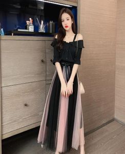 Summer Korean Black Off Shoulder Shirt Two Piece Set Gauze Pleated Skirts Sexy Outfits Slash Neck Plus Size Clothes For Women2335336