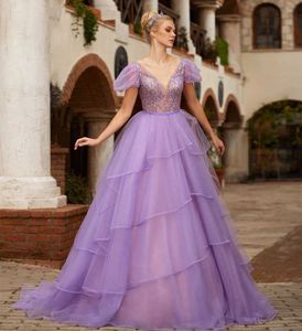 Tiered Lilac Prom Dresses With Short Puff Sleeves Sequins Beaded Sheer Crew Neck Special Occasion Dress For Women 2024 Long Princess Evening Gowns Birthday Pageant