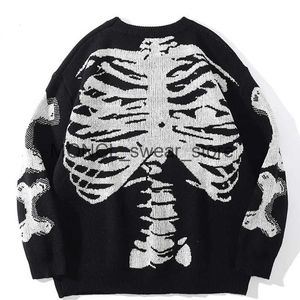 Kvinnors tröjor män överdimensionerad tröja svart lös skelett bentryck kvinnor vintage retro stickad 2024 Autumn Cotton Pullover unisex H240605
