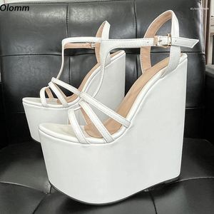 Sandaler Olomm Handmade Women Platform T-strap Ultra High Wedges Heels Open Toe Elegant White Club Shoes Ladies Storlek 5-15