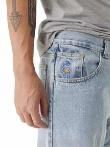 streetwear Polar Big Boy Jeans Y2K Pants Goth Hip Hop Carto Embroidery Retro Blue Baggy Jeans Mens High Waist Wide Leg Trouser 637k#
