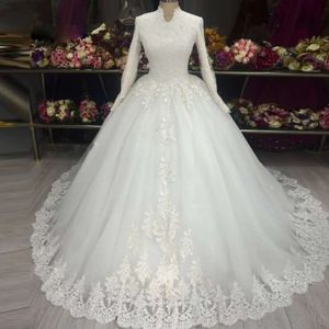 Splendidi abiti da sposa musulmani in pizzo maniche lunghe al collo alto principessa abiti da sposa royal vestido de nolia plus size 0605