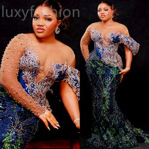 ASO EBI 2024 Dark Navy Mermaid Prom Dresses Sequined Crystals Beaded Evening Party Formell Second Reception Birthday Enagement Thanksgiving Dress Gowns LF083
