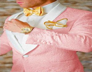 2021 skräddarsydda Jacquard Groomsmen Pink Groom Tuxedos White Shawl Lapel Men Wedding Suits Prom Party Man Blazer Pants Set X03672462