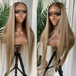 Ombre Ash Blonde Colored Straight 13x4 Lace Front Wig Brazilian Human Hair Transparent Brown 4X4 Lace Closure Wigs For Women Whwmp