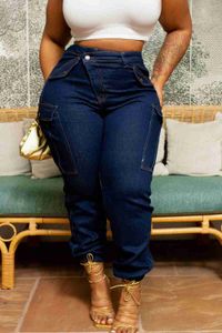 Kvinnors jeans kvinnors jeans hög midja aysmetriska bältesficka y2k plus storlek denim byxor tätt montering varor jeans casual gata klädkvinnor byxor xw6.5