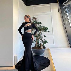 Elegant Black Satin Prom Dresses Long Sleeves Beaded Mermaid Women Formal Party Night Gowns Hollow Out Top Evening Dress Custom