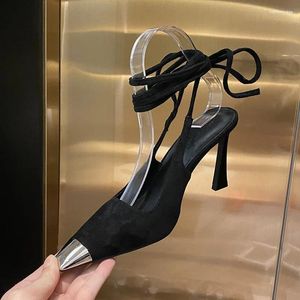 Sandaler Summer Design Kvinnor Ankelrem Point Toe Solid High Heels Suede Lace Up Zapatos Sexiga Fashion Ladies Dress Shoes