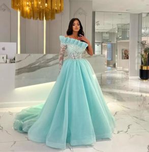 Light Blue Exquisite Party Prom evening Gowns A-Line One Shoulder Long Sleeve Tulle Beaded lace Feast Wear Custom Made Formal Occasion Dresses