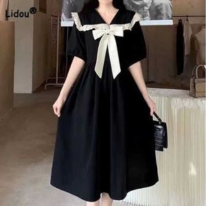 Temel gündelik elbiseler bebek yaka akademi tarzı yeni 2023 bowtie elbise bayanlar yaz Korece versiyon patchwork bağlama artı boyutta orta uzunluklu elbiseler 246056 2460511