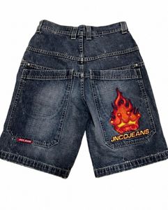 HARAjuKU Y2K Snake Hot Flame Brodery Shorts Loose Denim Baggy Jeans New Streetwear Gothic Wide Leg Skateboard Pants W2TV#