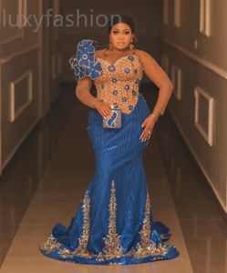 ASO EBI 2024 Royal Blue Mermaid Prom Dresses Crystals Beaded Squined Evening Party 공식적인 두 번째 리셉션 생일 추수 감사절 드레스 가운 LF081