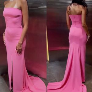 Strapless Mermaid Evening Dresses Long Prom Dress Pink Crepe Formal Party Gown with Train