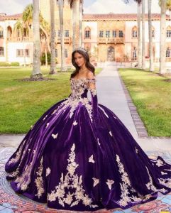 Glamorous Velvet Quinceanera Dresses Ball Gown Off the Shouler Lace Appliques Corset Chapel Train Vestido De 15 Customised Birthday Party Dresses 0605