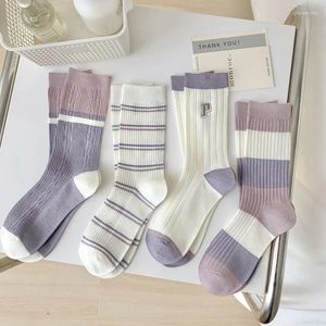 Women Socks Spring Summer Thin Purple Striped Patchwork Soft Breathable Middle Tube Sock For Student Girls' Daily Sox Dcgek