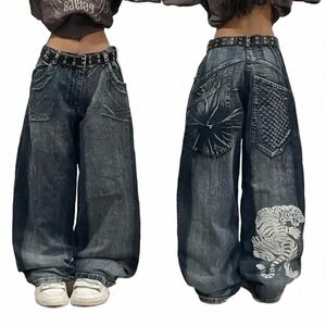 new Harajuku Retro Big Tiger Head Embroidered Baggy Jeans Y2K Street Fi Hip Hop Popular Gothic Casual Joker Wide-leg Pants m42l#