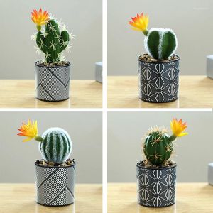 Decorative Flowers Artificial Cactus Bonsai Emulation Green Plants Potted Artistic Striped Planters Mini Pots Desktop Home Decor