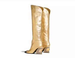 sheepskin leather diamond square high heels SHOES metal pillage toes MotorcycleThighhigh boot long knee boots size 8319035