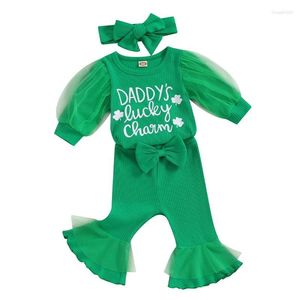 Giyim setleri bebek kız st patricks gün kıyafetler shamrock mektup baskı uzun kollu romper patlamış pantolonlar çan dipleri kafa bandı yeşil cl ootc