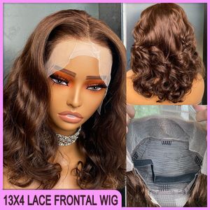 Ny stil malaysisk peruansk brasiliansk tjock brun kroppsvåg 13x4 transparent spets frontal peruk 14 tum 100% rå jungfru remy mänskligt hår