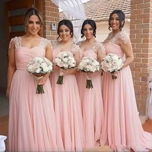 Pink Bridesmaid Dresses A Line Straps Ruched Pleats Floor Length Chiffon Beaded Applique Custom Made Country Maid of Honor Gown Vestidos Plus Size pplique