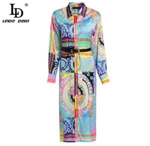 LD LINDA DELLA SPRING Fashion Runway Holiday Dress Women039S långärmad underbar vintage blommig tryck midi bälte klänning Vestid7309101