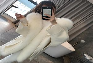 Ofbuy 2020 Casual Winter Jacka Women Natural Real Fox Pur Collar Cashmere Wool Blends Ytterkläder Coat Streetwear Loose Cloak9608109