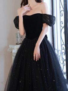 Party Dresses Draped Black Square Collar Women Evening Dress Sleeve Boat Neck Cross Lace Up Prom Tiered Femme Vestidos