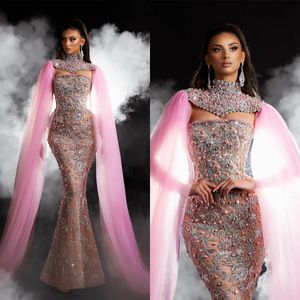 Arabic Piink Mermaid Evening Dresses Pearls Beaded Crystals Illusion Prom Dresses Formal Party Gowns Plus Size