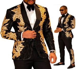 金色の刺繍の男性がスーツを着たエストブラック2枚ショールラペルブレザースリムフィットウェディングタキシードファッションメンズジャケットとパンツメン6966194