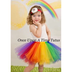 Girl's Rainbow Color kjolar baby handgjorda flerfärgade tyllballettdans tutus med blomma pannband barnfest pettiskirts l2405