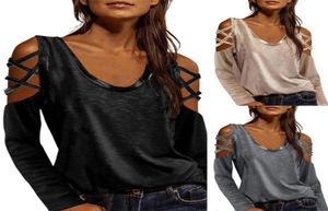 2021 Fashion Tops Women TShirt Strapless Loose Long Sleeve Oneck Hollow Womens Top Blouse for Dating Female Black S3XL8411653