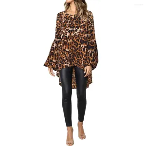 Women's Polos Yiwa Women Sexy Leopard Printing Long Bubble Sleeve Round Neck Irregular Casual Shirt Ladies Tops Plus Size