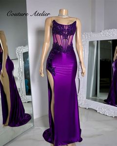 Pretty Purple High Split Rhinestones Prom dla czarnych dziewcząt sukienki imprezowe kobiety eleganckie galowe sukienki szatą de bal