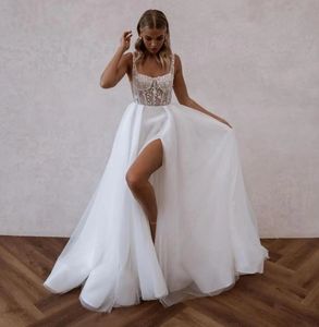 2024 Klasyczne sukienki A-line Straps koronkowy aplikacja Side Tiulle Boho Bridal Suknia Vestidos de novia niestandardowa szata de Mariage