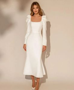 Zarif Çay Uzunluğu Denizkızı Gelinlik Uzun Kollu Basit Beyaz Satin Gelin Resepsiyon Elbiseleri Kare Boyun Vintage Robe De Mariage 2023