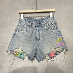 High Street Feminino Hit Color Patchwork Ripped Shorts Mulheres Mulheres Verão Cantura Alta Casual Pedra larga Jeans curto 240603