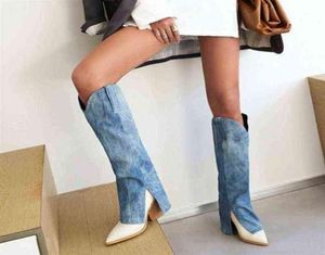 Blue Denim Knee High Boots for Women 2022 Fashion Fashion مدببة إصبع القدم الكعب السميك أحذية رعاة البقر بحجم كبير أحذية أنثى H220505240L T2208125368258