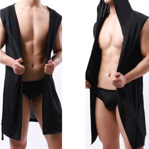 Herrbadrockar ärmlösa huva mantlar män sexiga pyjamas sömnkläder iskallt silkeslen underkläder erotiska mantel uppsättningar badrock några trosor